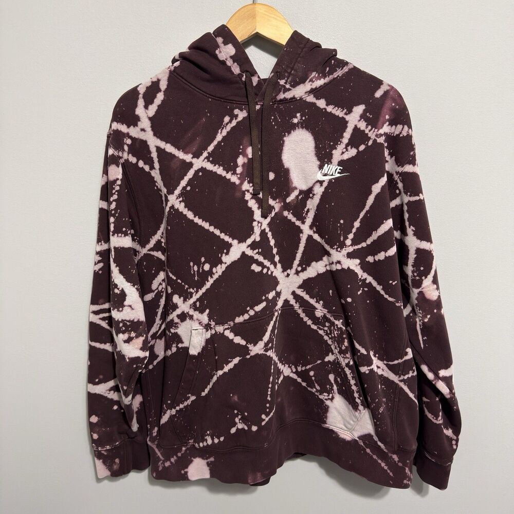 Nike Hoodie Men XL Red Burgundy Bleach Tie Dye Logo Streetwear Athleisure